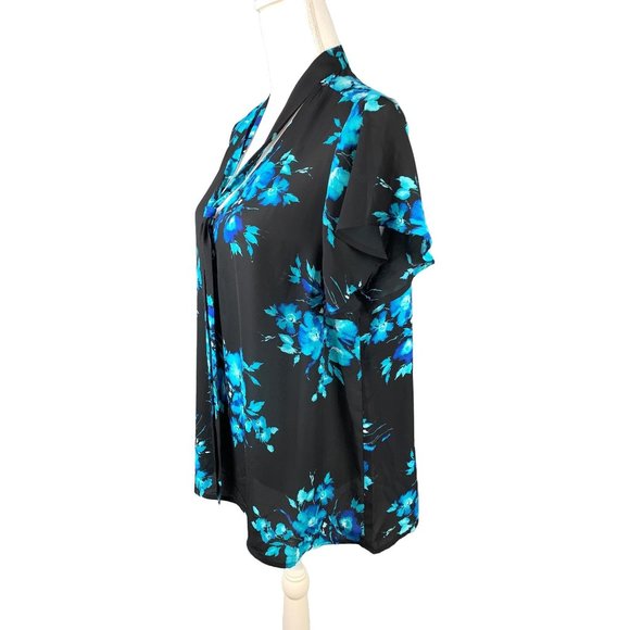 Torrid Black and Blue Sheer Floral Tie Neck Georgette Top - Picture 4 of 9